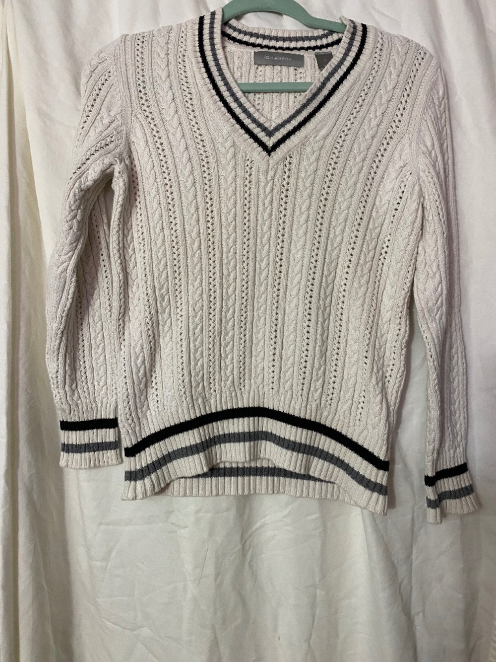 Liz Claiborne 100% Cotton Cable knit Preppy Varsity Style Sweater